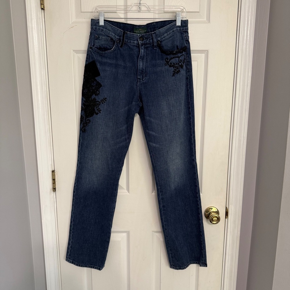 Lauren Ralph Lauren Jeans Co Blue Classic Straight Black Lace Floral Jeans 8